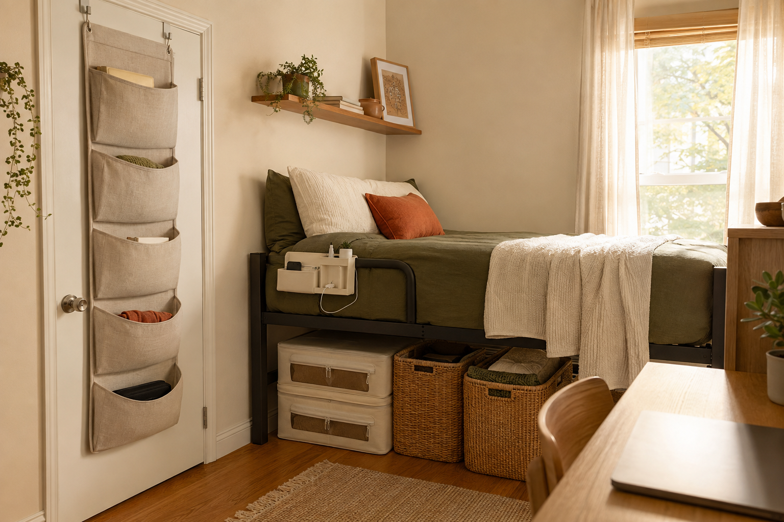 Warm organized compact bedroom with renter-friendly storage